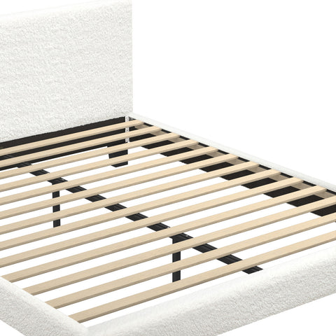 Double Bed Frame Wooden Slats Boucle Fabric White