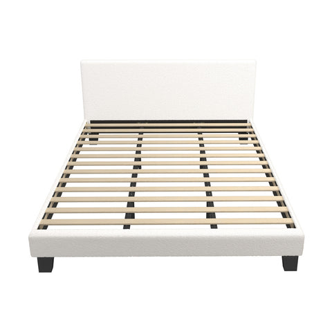 King Bed Frame Wooden Slats Boucle Fabric White