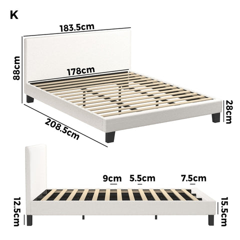 King Bed Frame Wooden Slats Boucle Fabric White