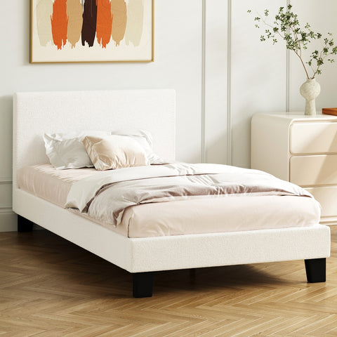 King Single Bed Frame Wood Slats Boucle White
