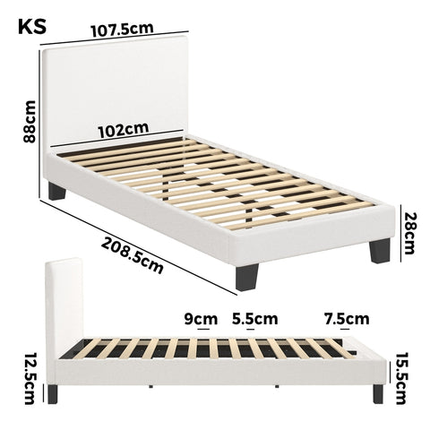 King Single Bed Frame Wood Slats Boucle White