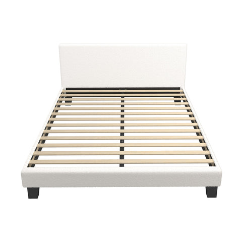 Queen Bed Frame Wooden Slats Boucle Fabric White