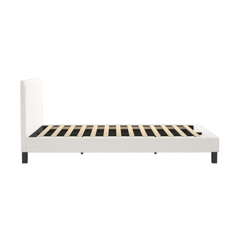 Queen Bed Frame Wooden Slats Boucle Fabric White