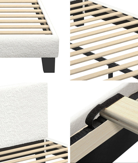 Queen Bed Frame Wooden Slats Boucle Fabric White