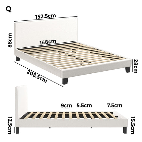 Queen Bed Frame Wooden Slats Boucle Fabric White