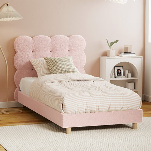 Bed Frame Single Size Tufted Bedhead Boucle Fabric Pink