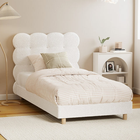 Bed Frame Single Tufted Bedhead Boucle Fabric White