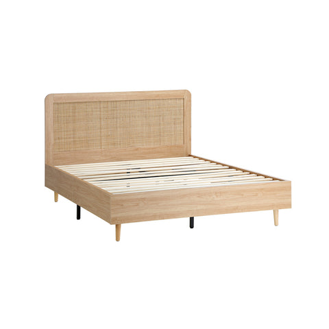Wooden Bed Frame Double Size Rattan Headboard