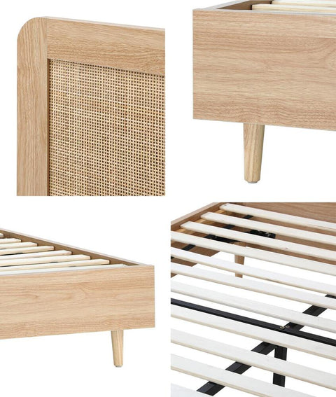 Wooden Bed Frame Double Size Rattan Headboard