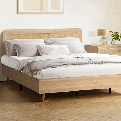 Wooden Bed Frame King Size Rattan Headboard