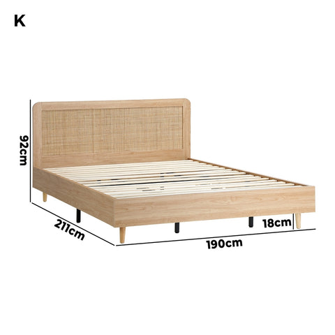 Wooden Bed Frame King Size Rattan Headboard