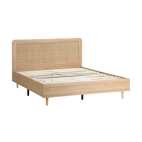 Wooden Bed Frame Queen Size Rattan Headboard
