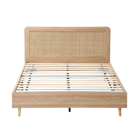 Wooden Bed Frame Queen Size Rattan Headboard
