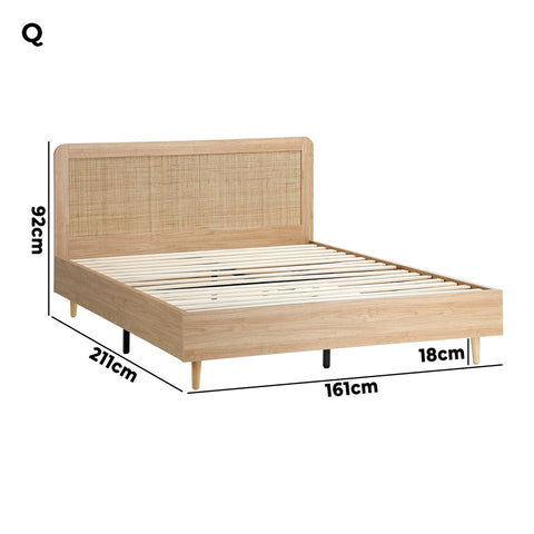 Wooden Bed Frame Queen Size Rattan Headboard