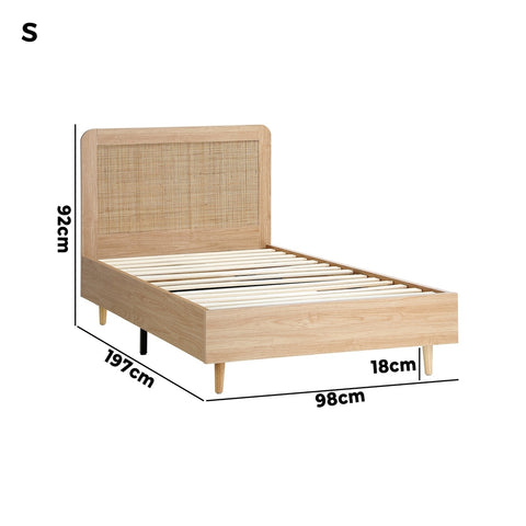 Wooden Bed Frame Single Size Rattan Headboard