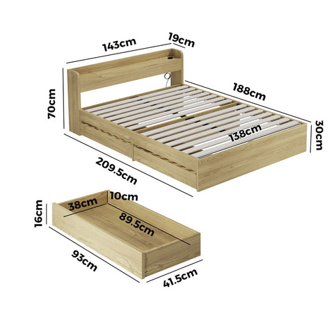 Double Bed Frame with Charging Ports and 2 Drawers