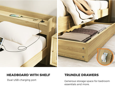 Double Bed Frame with Charging Ports and 2 Drawers