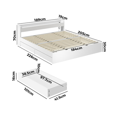 Bed Frame King Size with 2 Drawers Charging Ports White