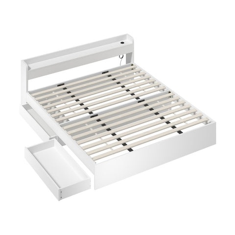 Bed Frame King Size with 2 Drawers Charging Ports White