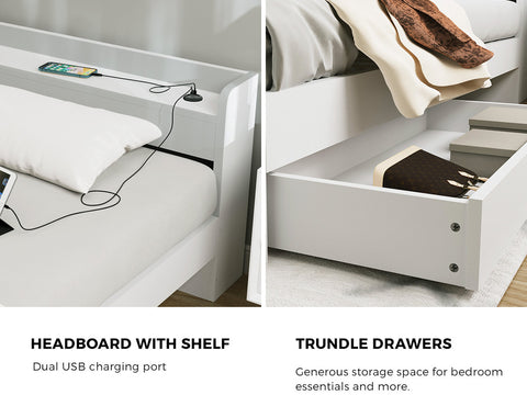 Bed Frame King Size with 2 Drawers Charging Ports White