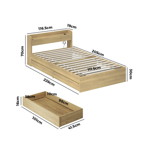 King Single Bed Frame with Charging Ports 2 Drawers