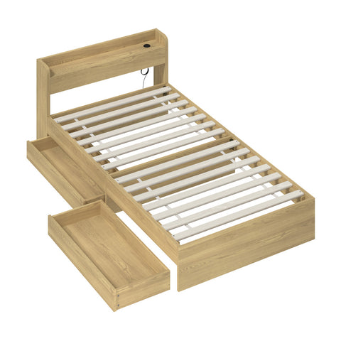 King Single Bed Frame with Charging Ports 2 Drawers