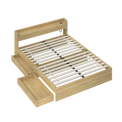 Queen Size Bed Frame with Charging Ports & 2 Drawers