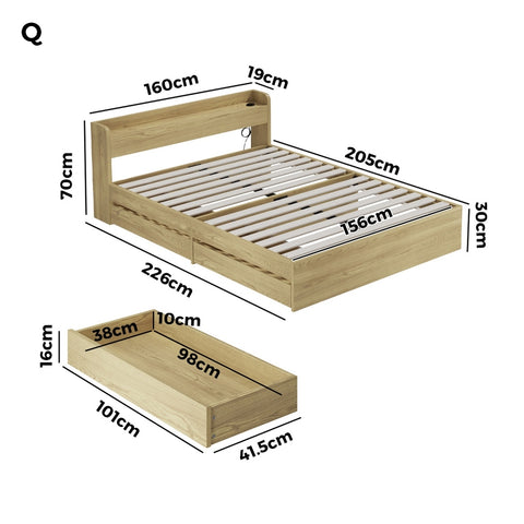 Queen Size Bed Frame with Charging Ports & 2 Drawers