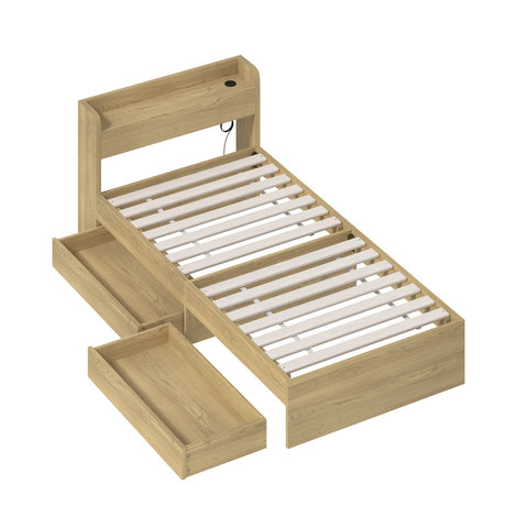 Single Size Bed Frame with Charging Ports & 2 Drawers
