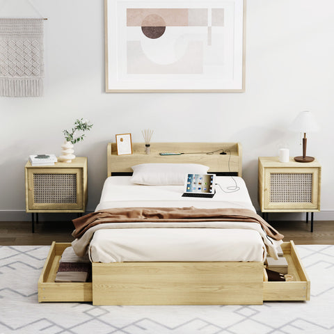 Single Size Bed Frame with Charging Ports & 2 Drawers