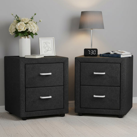 2X Bedside Table 2 Drawers Fabric - CADEN Charcoal