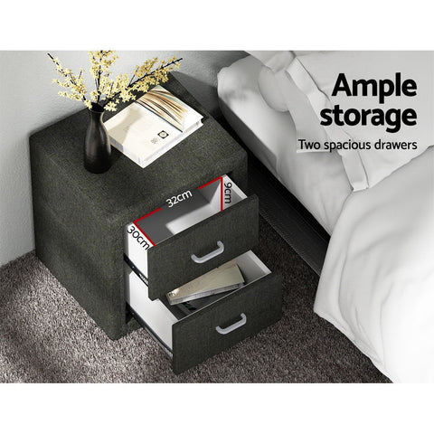 2X Bedside Table 2 Drawers Fabric - CADEN Charcoal