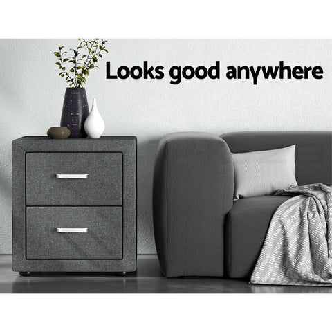 2X Bedside Table 2 Drawers Side Table Fabric - CADEN Grey