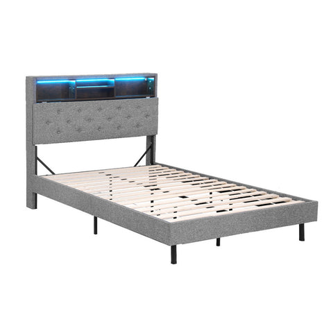 Bed Frame King Single Size LED Mattress Base Platform with Storage Shelf Hidden Storage Box Grey