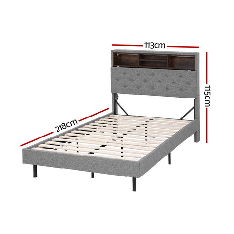 Bed Frame King Single Size LED Mattress Base Platform with Storage Shelf Hidden Storage Box Grey