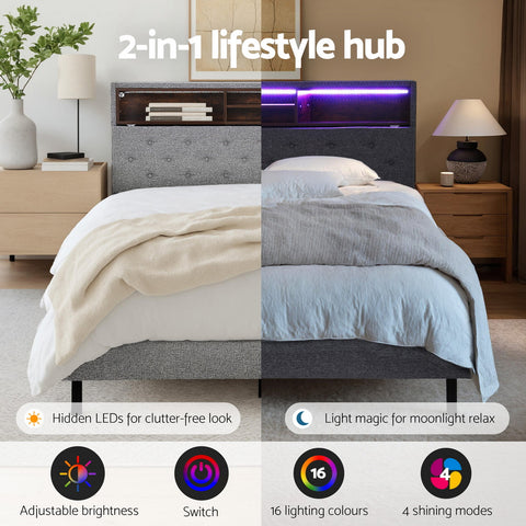 Bed Frame King Single Size LED Mattress Base Platform with Storage Shelf Hidden Storage Box Grey