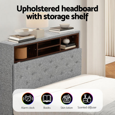 Bed Frame King Single Size LED Mattress Base Platform with Storage Shelf Hidden Storage Box Grey