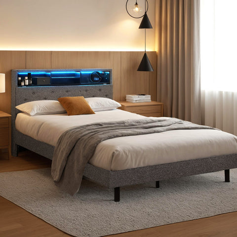 Bed Frame King Single Size LED Mattress Base Platform with Storage Shelf Hidden Storage Box Grey