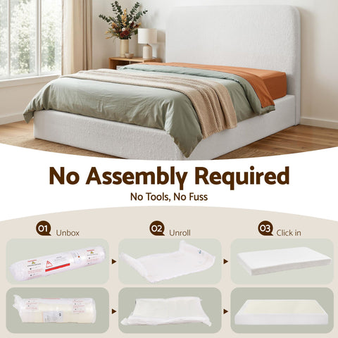 Queen Bed Frame Boucle Fabric Vacuum Compressed Beds Washable Cover No-Assembly