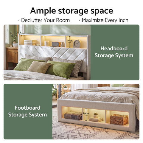 Queen Bed Frame with Storage Charging Station & LED White