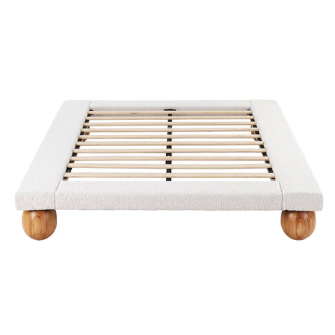 Queen Bed Frame with Boucle Upholstery and Solid Rubber Wood Legs