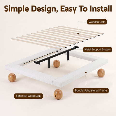 Queen Bed Frame with Boucle Upholstery and Solid Rubber Wood Legs