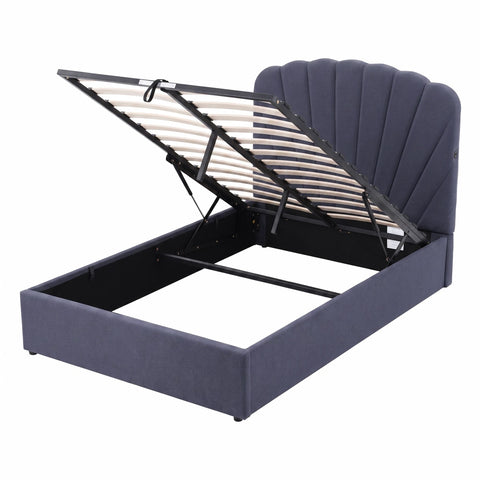 Double Bed Frame with Lift Up Storage and USB Ports Grey