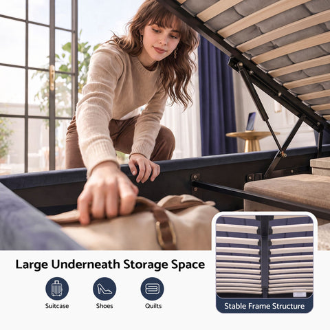 Double Bed Frame with Lift Up Storage and USB Ports Grey