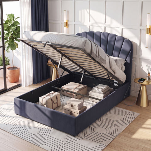 Double Bed Frame with Lift Up Storage and USB Ports Grey