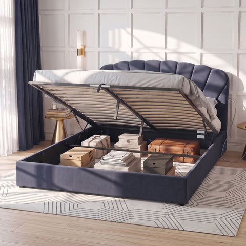King Bed Frame with Lift Up Storage and USB Ports Grey