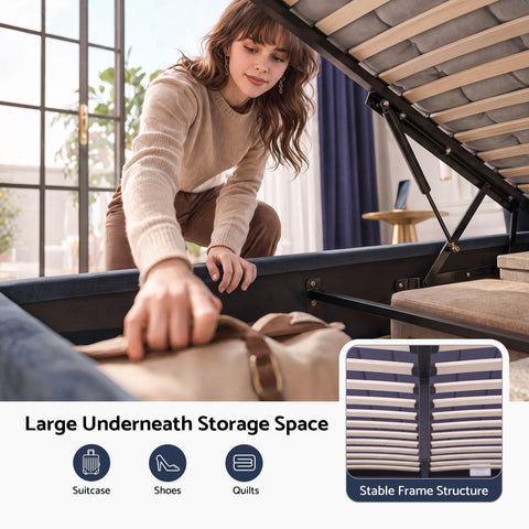 King Bed Frame with Lift Up Storage and USB Ports Grey
