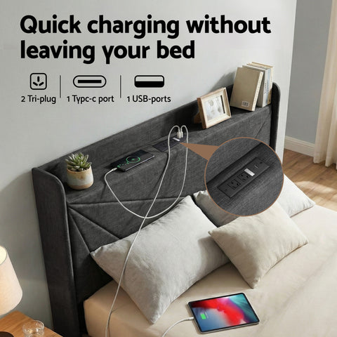 Double Bed Frame Gas Lift Storage Bed with Charging Ports Upholstered Geometric Headboard Charcoal Grey
