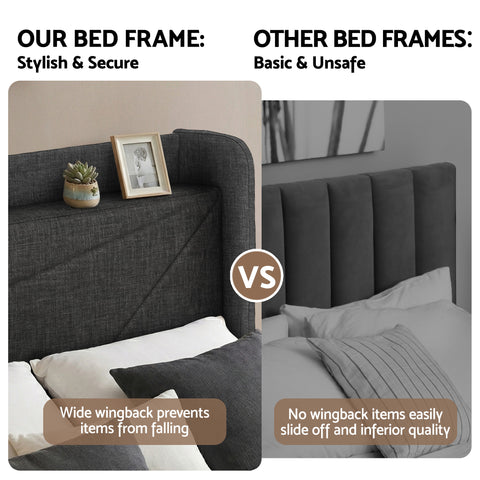 Double Bed Frame Gas Lift Storage Bed with Charging Ports Upholstered Geometric Headboard Charcoal Grey
