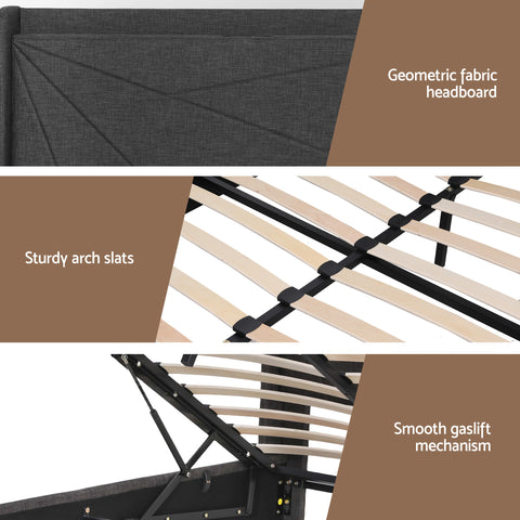 Double Bed Frame Gas Lift Storage Bed with Charging Ports Upholstered Geometric Headboard Charcoal Grey